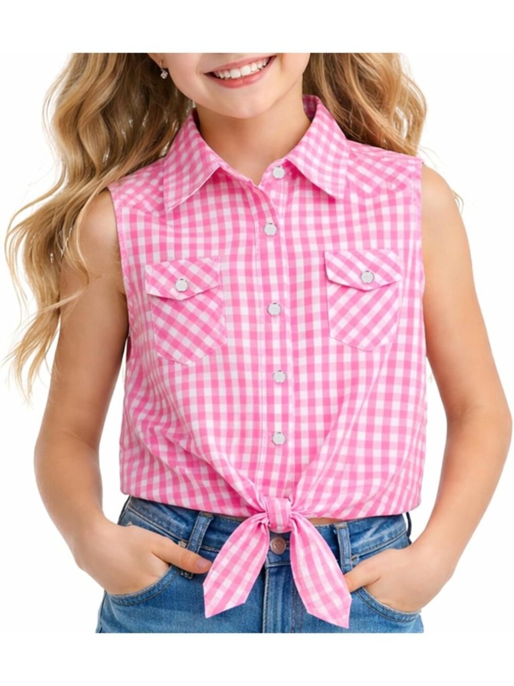 BEARAE Girls Sleeveless Button Down Shirt, Plaid Shirt Tank Tops, Summer Tie